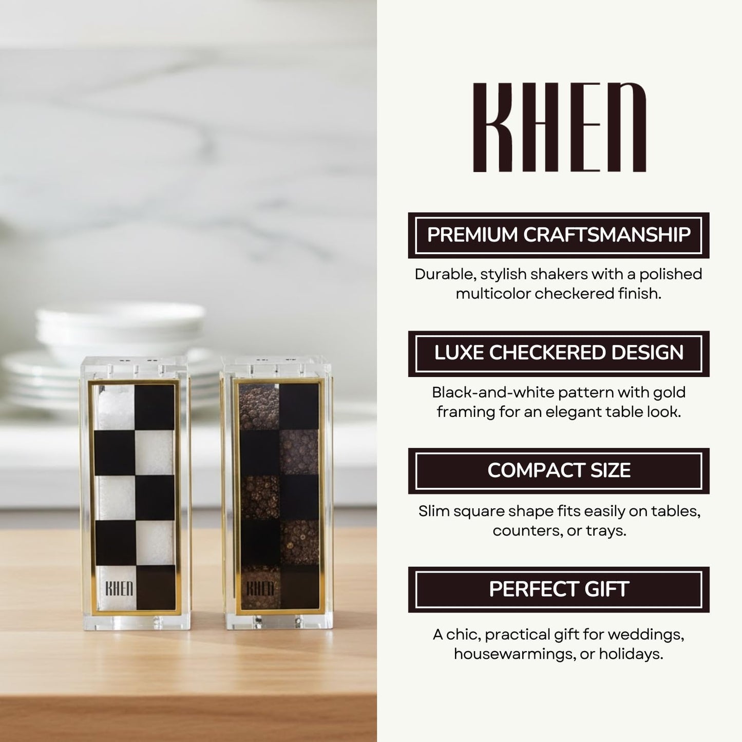 Black and White Checkered Salt and Pepper Shakers Set - Luxurious Lucite Acrylic Square Design - Modern 2.4" x 3.5" Refillable Dispensers - Elegant Kitchen Decor, Dining Table Unique Housewarming Gift