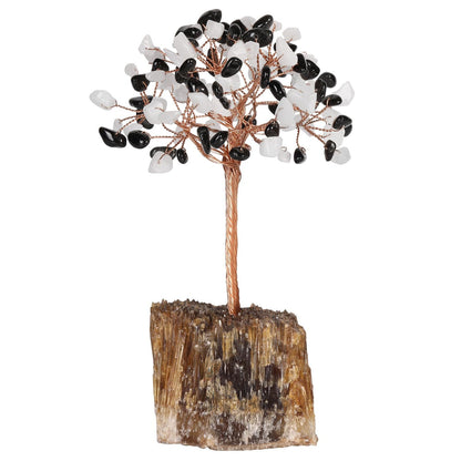 SUNYIK Handmade Crystal Money Tree Set on Amber Calcite Base, Tree of Life Wrapped Tumble Stones Decoration for Home Office, White Jade