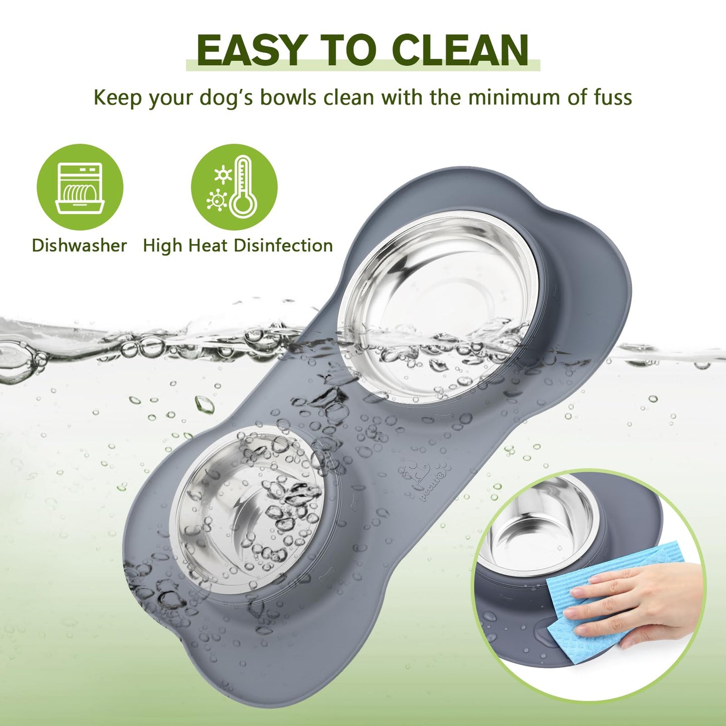 Pecute Dog Bowls Non Slip, Stainless Steel Double Bowls Set with Non-Spill Silicone Mats Tray for Cats Puppies Small Dogs Water Food Feeding (14oz Each Bowl, Grey)