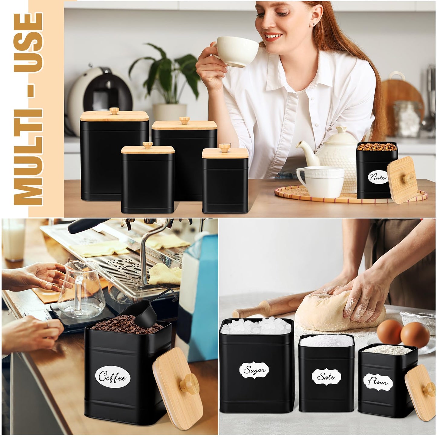 Buryeah 5 Pcs Kitchen Canisters for Countertop with Labels Airtight Metal Containers Coffee Tea Sugar Flour Jars with Spoon Farmhouse Big Food Storage Set for Kitchen(Black)