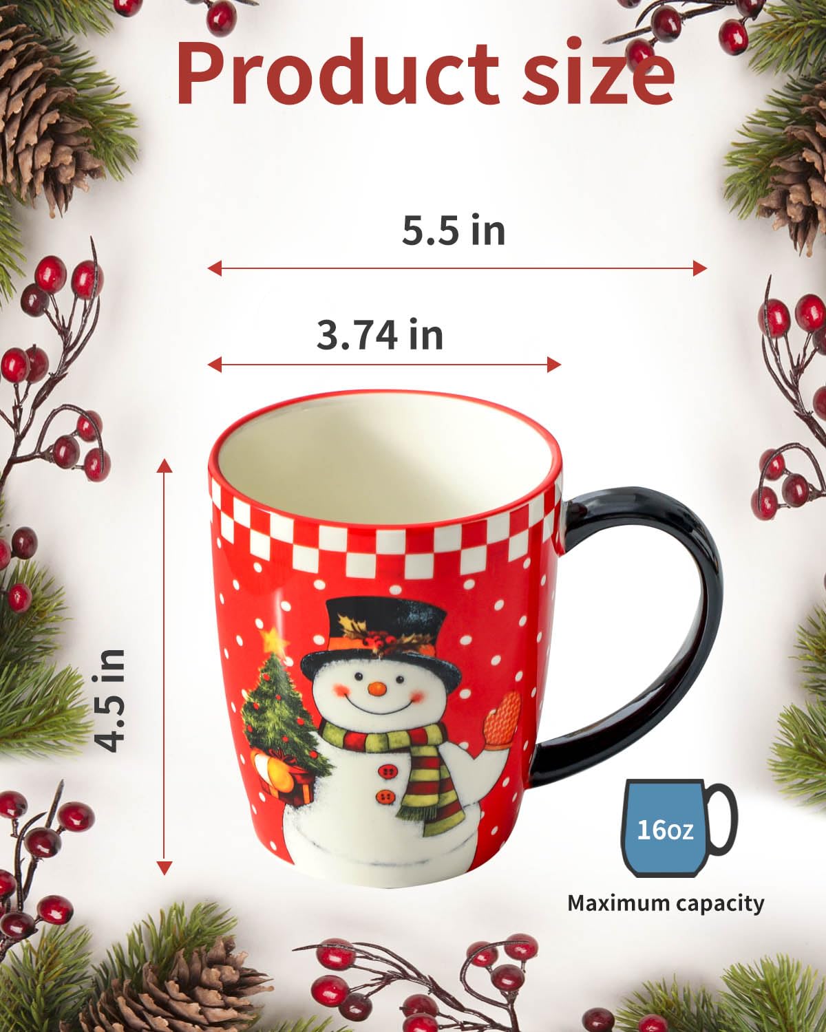 HASENSE Coffee Mugs, 15 OZ Coffee Cups Ceramic Set of 4 with Handle and Snowman Patterns for Man Woman, Colorful Christmas Porcelain Coffee Cups Set for Tea, Cocoa, Milk, Latte and Cappuccino