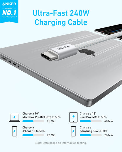 Anker Zolo USB C to USB C Cable, Braided and Dirt-Free Type-C Fast Charging Cable, Slim Connector, for iPhone 17 Series, MacBook (240W) (White, 3.3 FT)