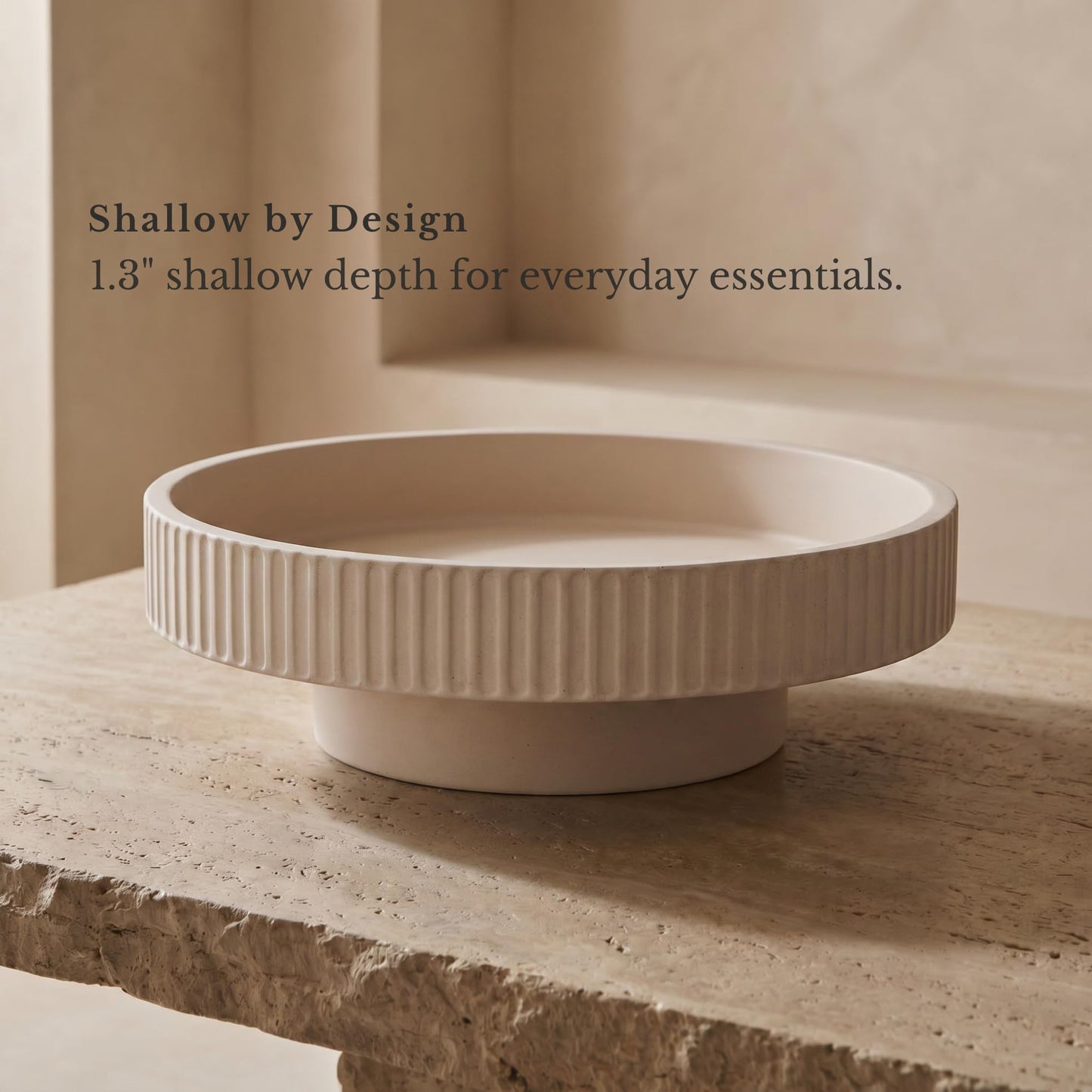 JUPTR Concrete Fruit Bowl (12") – Shallow Fluted Pedestal Decorative Centerpiece Bowl for Table, Entryway Catch-All & Modern Home Decor – Heavyweight Stone Bowl (Beige)
