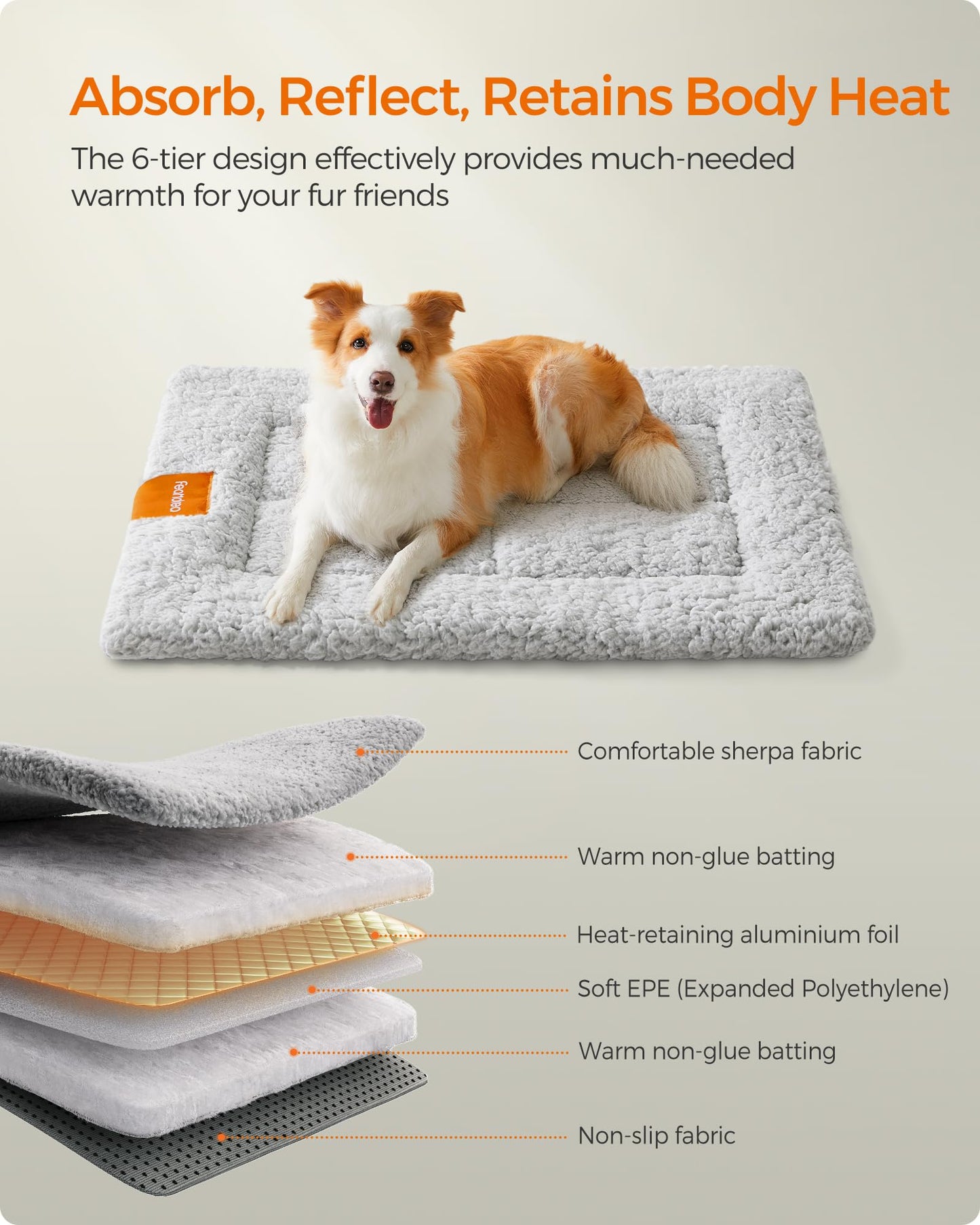 Feandrea Warm Dog Cat Bed, Dog Mattress for Crate, Pet Blanket for Dogs and Cats, 90 x 65 cm, L, Machine Washable Dryer Friendly, Non Slip, Dove Grey PPB002G01