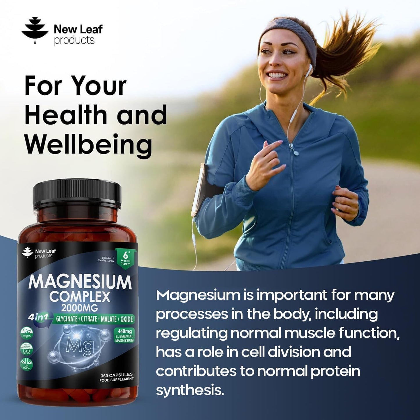 Magnesium Glycinate 4-in-1 Complex 2000mg - High Strength Magnesium Supplements - Bisglycinate,Citrate, Malate, Oxide - 360 Capsules 449mg Elemental - Vegan UK Made by New Leaf
