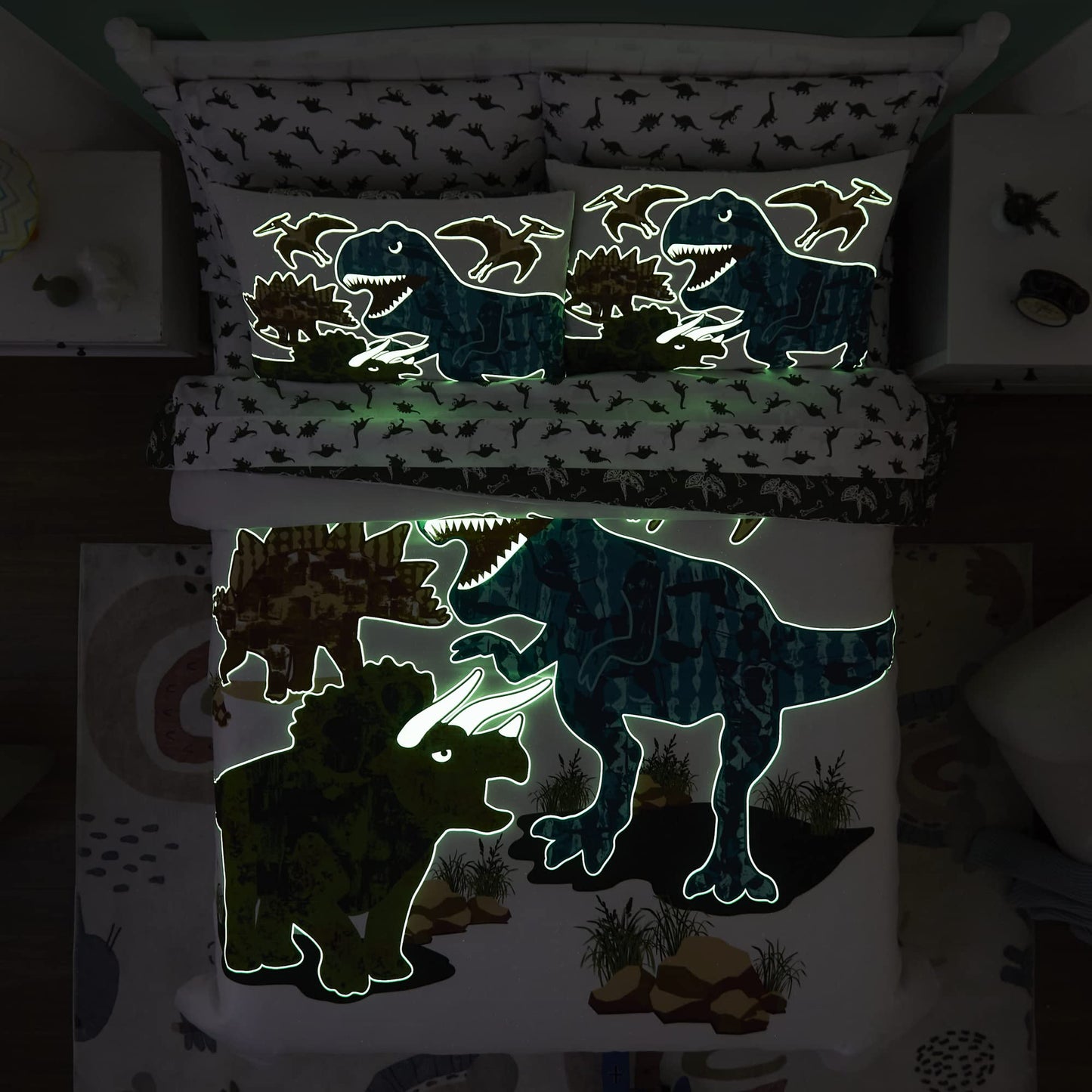 Kaleido Space Twin Kids Comforter Set - 5 Pieces Twin Bedding Sets for Boys Teen, Glow in The Dark Dinosaurs Bed in A Bag with Sheets
