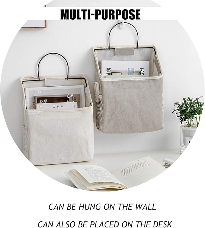 2 Pcs Wall-Hanging Storage Bags, Desktop Organizer Basket Cotton Linen Hanging