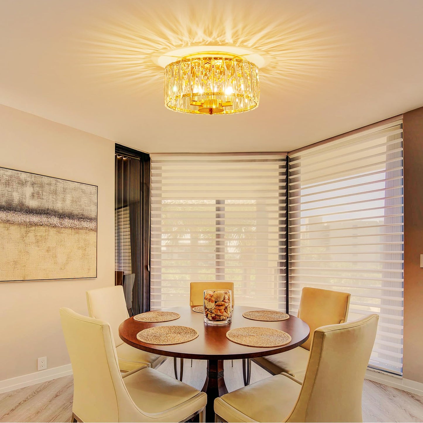 ElegLumi Crystal Ceiling Light, 3-Light Modern Flushmount Ceiling Light for Living Room, Dinning Room Hallway, D12xH9inch, Gold Finish Frame & K9 Crystal