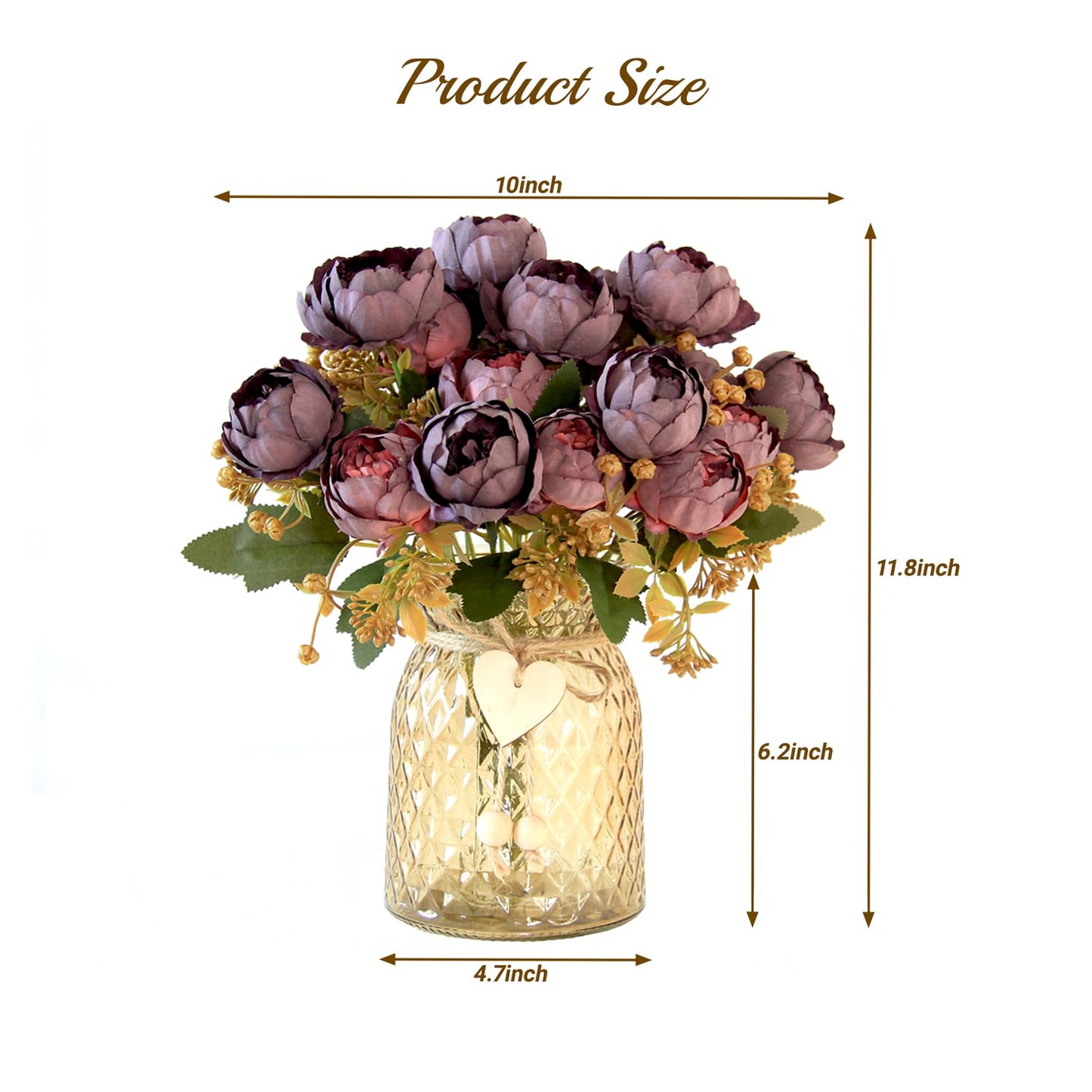 Leayiuvan Faux Flowers in Vase, Fake Flowers in Vase 21 Pcs Faux Peony Flowers, Artificial Flowers for Home Decor, Indoor Centerpiece for Living Room & Dining Table - Purple Red
