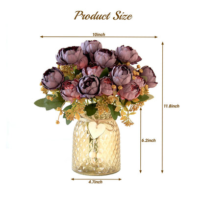 Leayiuvan Faux Flowers in Vase, Fake Flowers in Vase 21 Pcs Faux Peony Flowers, Artificial Flowers for Home Decor, Indoor Centerpiece for Living Room & Dining Table - Purple Red