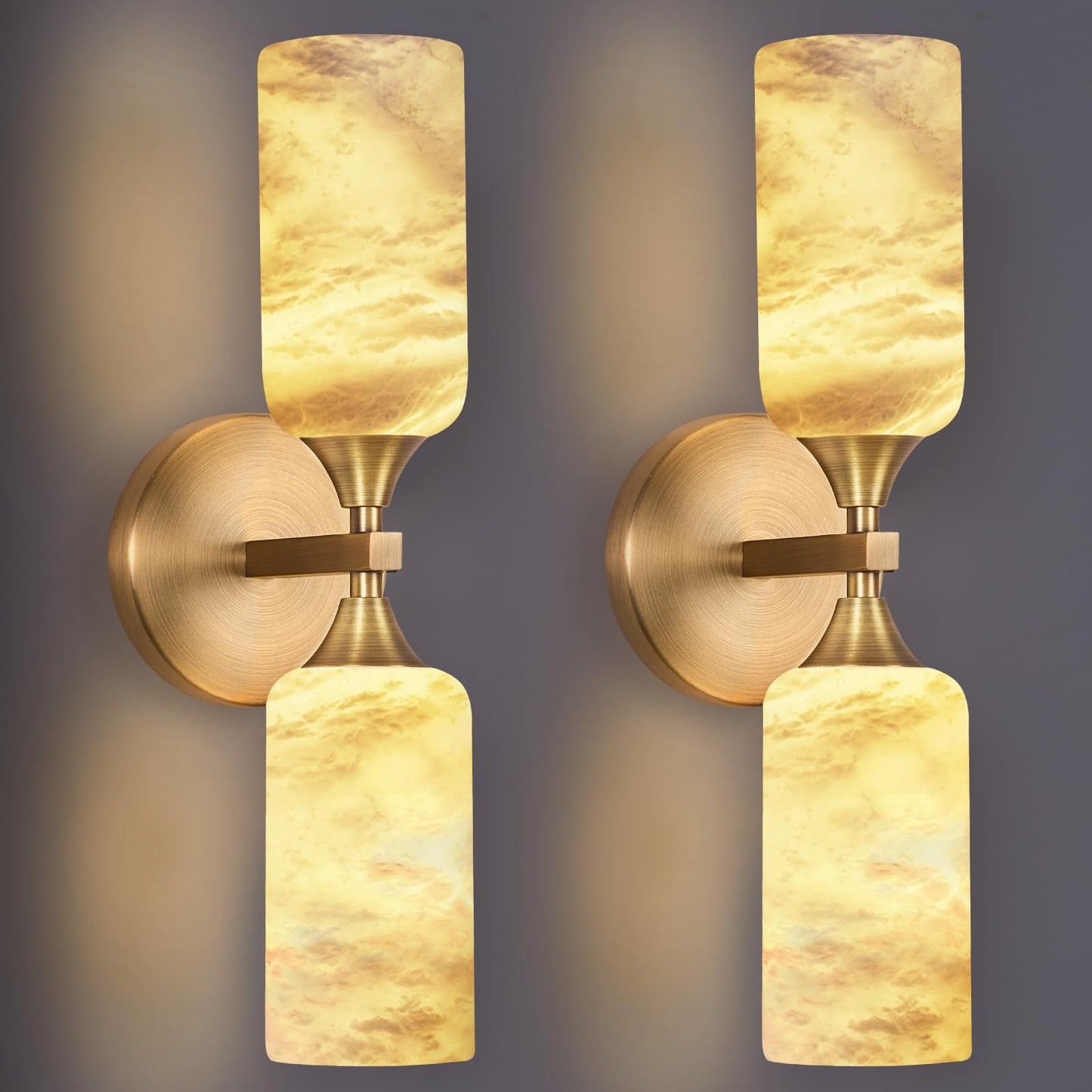 Stbri Alabaster Sconces Set of 2,15.3in Modern Natural Marble Vanity Light, Hardwired Brass Gold Wall Sconces Lighting for Living Room,Bedroom,Indoor Sconces for Bathroom Mirror,Hallway