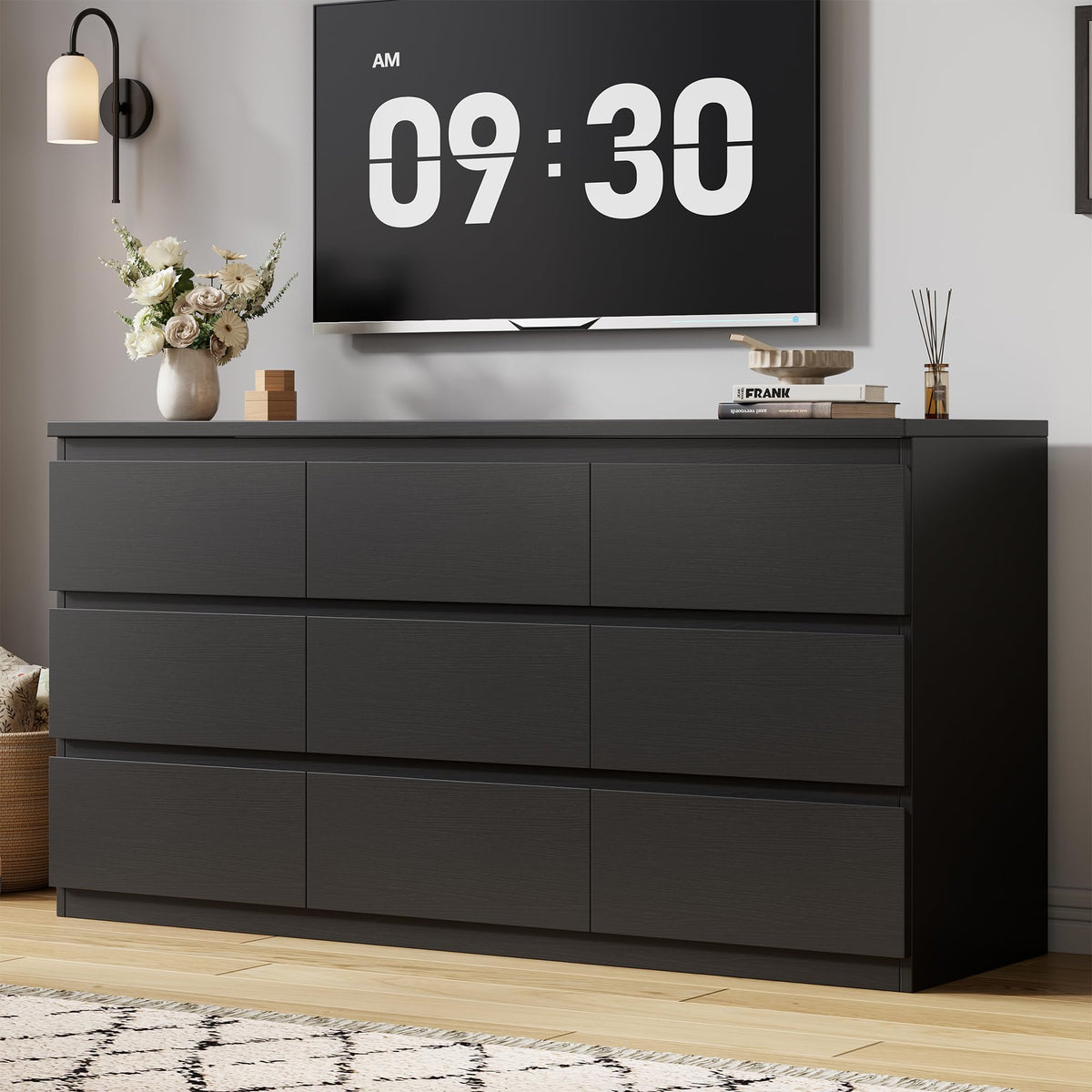 Jocoevol Modern Black 9 Drawer Dresser for Bedroom, Simply Chest of Drawers, Wood Storage Dresser with Deep Drawers for Living Room Hallway Entryway (Black)