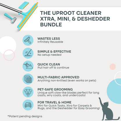Uproot Clean Xtra, Mini & Deshedder Bundle - Pet Hair Removal Tool & Dog Brush for Shedding - Easy Cat & Dog Hair Remover Carpet Rake Set with Special Grooming Brush