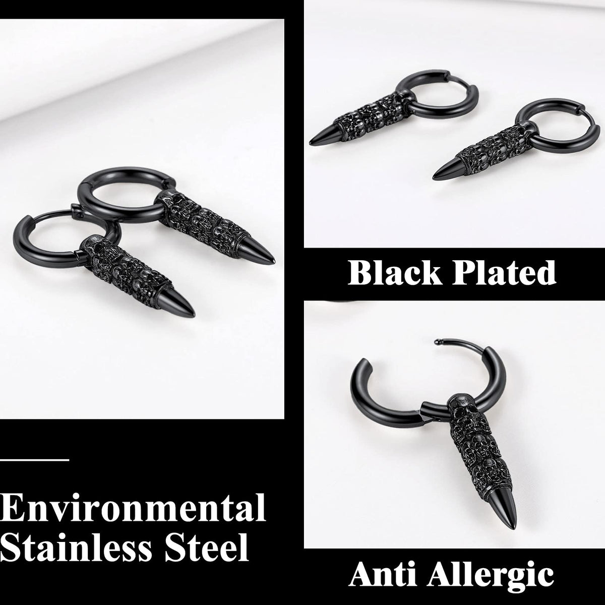 Black Skull Huggie Hoop Earrings Punk Gothic Dangle Skull Bullet Earring for Men Halloween Jewelry