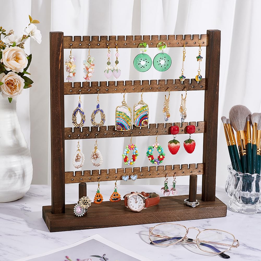 PH PandaHall Wood Earring Display Stand, 4 Tier Wooden Stud Earrings Tower Stand Earring Holder Tabletop Jewelry Organizer Rack Jewelry Display for Vendors Selling Craft Show Jewelry 128 Earrings