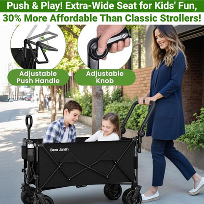 BEAU JARDIN XXL Festival Trolley Beach Cart - 300L 230KG(500LBS) Heavy Duty Folding Wagon All-Terrain Utility Wide Wheels for Camping & Shopping | Push & Pull Handle | Portable Collapsible | Black