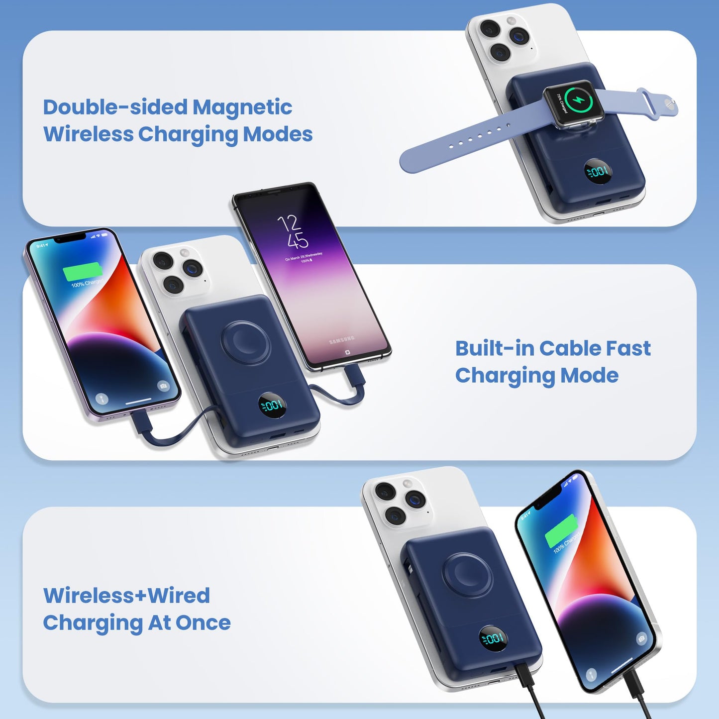 Magnetic Portable Charger 10800mAh for iPhone with Built-in Cables, 6-in-1 Wireless Power Bank with iWatch Charger, LCD Display 25W PD Fast Charging Battery Pack for iPhone 16/15/14/13/12, Apple Watch