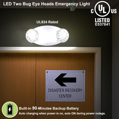 LIT-PaTH LED Emergency Lighting Fixtures with 2 LED Bug Eye Heads and Back Up Batteries- US Standard Exit Light, UL 924 and CEC Qualified, 120/277 Voltage, White, 1-Pack