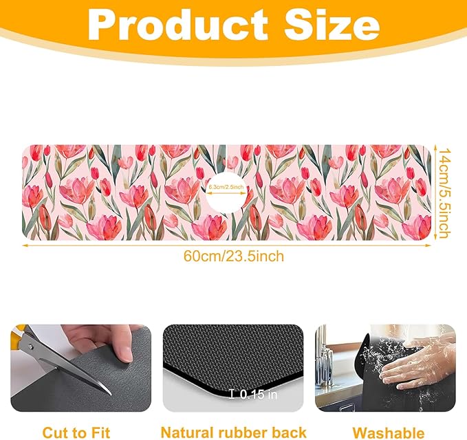 2 Pack Watercolor Tulips Sink Faucet Absorbing Mat Pink Tulips Super Absorbent