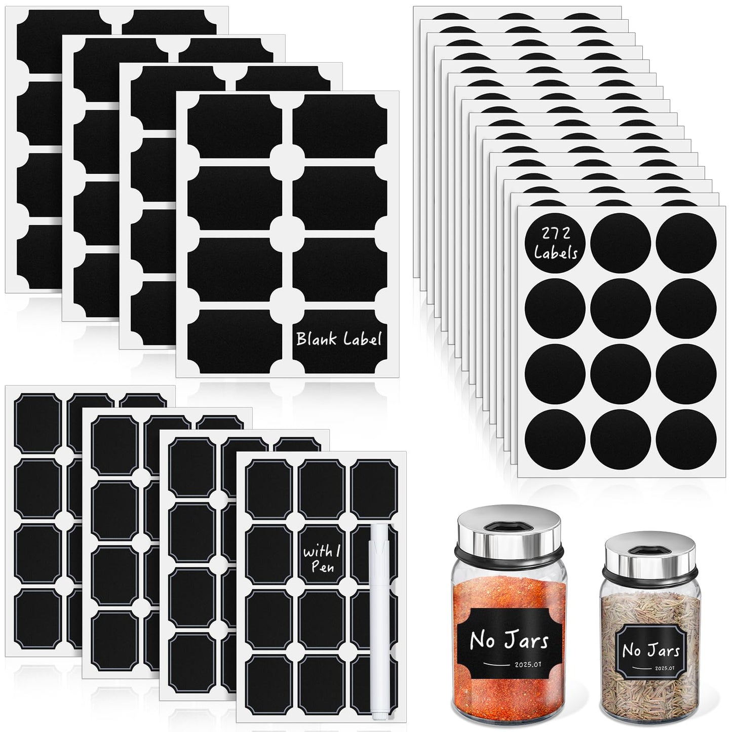 Segarty Spice Jars with Label Set - 6 Pack 4oz Glass Spice Jars with Shaker Lids, 272 Pcs Blank Chalkboard Label Stickers with 1 Marker, Seasoning Organizor Kit