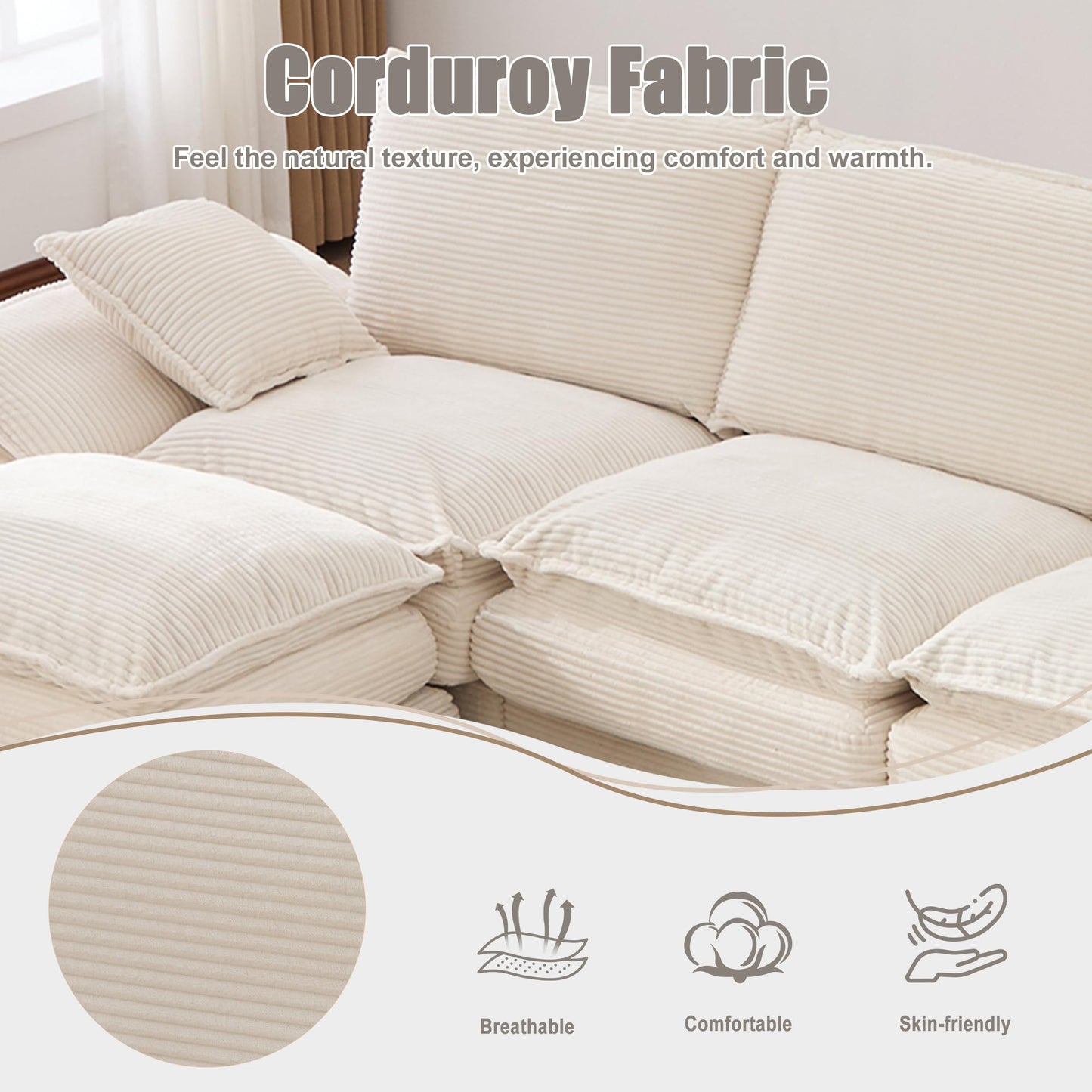 130" Oversized Modular Cloud Sectional Sofa Convertible U/L Shaped Couch Sets for Living Room - 6 Seater Corduroy Cloud Cushion Couches with Storage Ottomans and Pillow Armrest