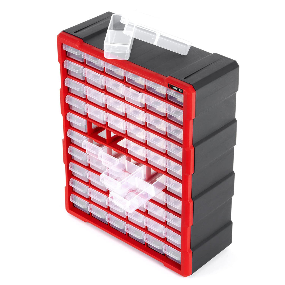 INTERTOOL Small Parts Organizer for Hardware & Screws | 60 Removable Bins with Dividers | Wall Mount or Desktop Craft & Lego Storage Cabinet | 19” x 15” x 6” BX08-4016