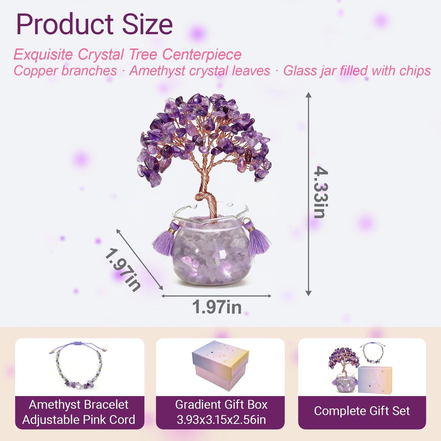 Amethyst Crystal Tree of Life, 4.33 in Purple Gemstone Tree with Bowl Base, Crystal Bonsai Tree for Desk, Feng Shui Tabletop Decor, Crystal Tree Gift, Amethyst Home Accent