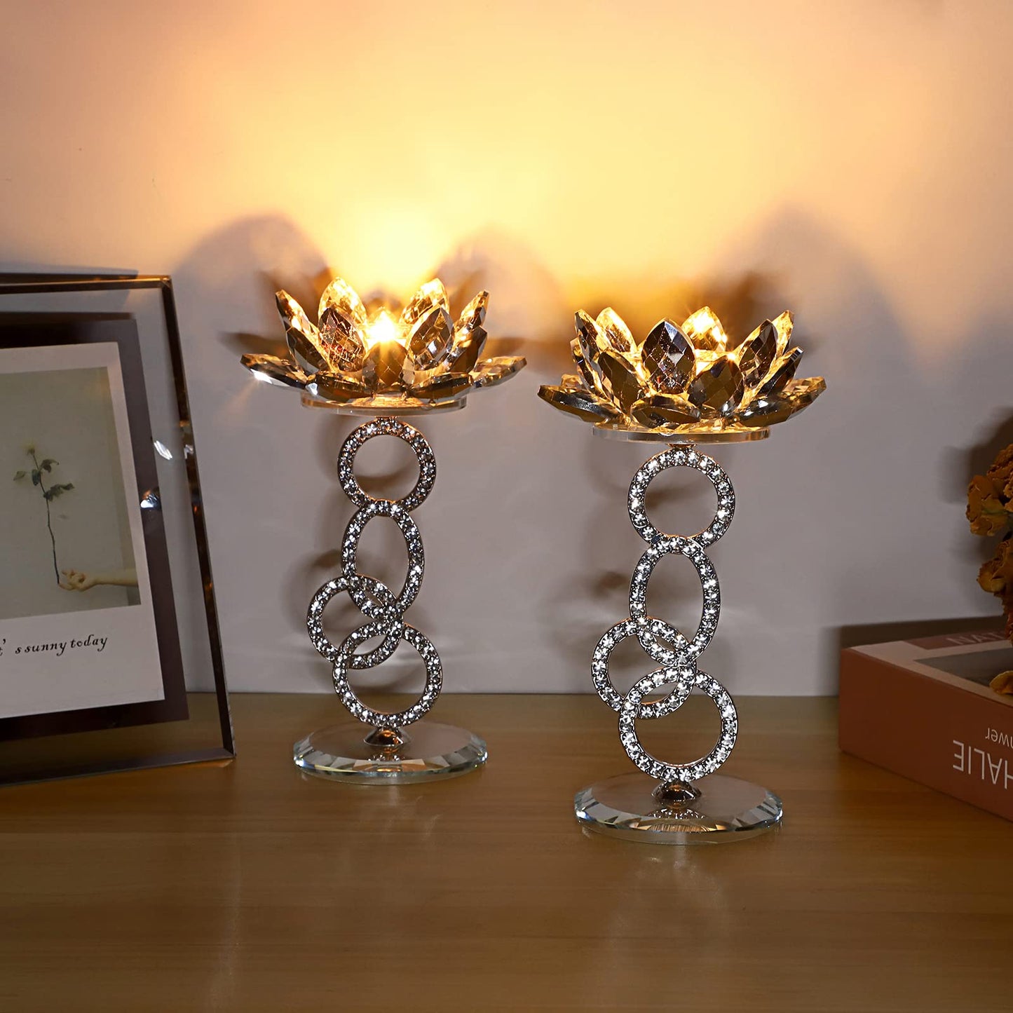 OwnMy Set of 2 Crystal Lotus Flower Candle Holders Metal Glass Lotus Pillar Candlestick Holders, Silver Crystal Lotus Tealight Candlesticks Votive Candle Stands for Wedding Table Centerpiece, 7.5" H