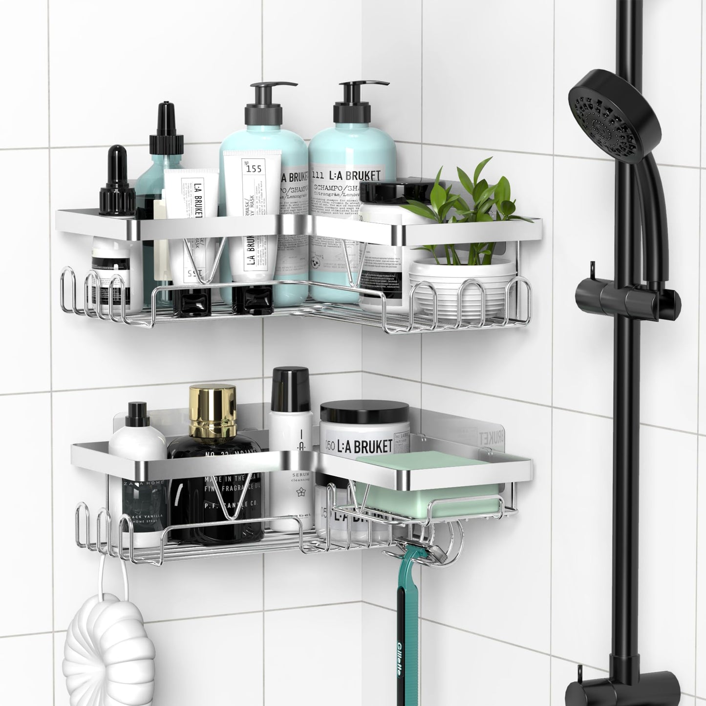 Kegii Corner Shower Caddy, Bathroom Shower Organiser, No Drilling Shower Shelf, Adhesive Shower Storage Rack, Stainless Steel Silver
