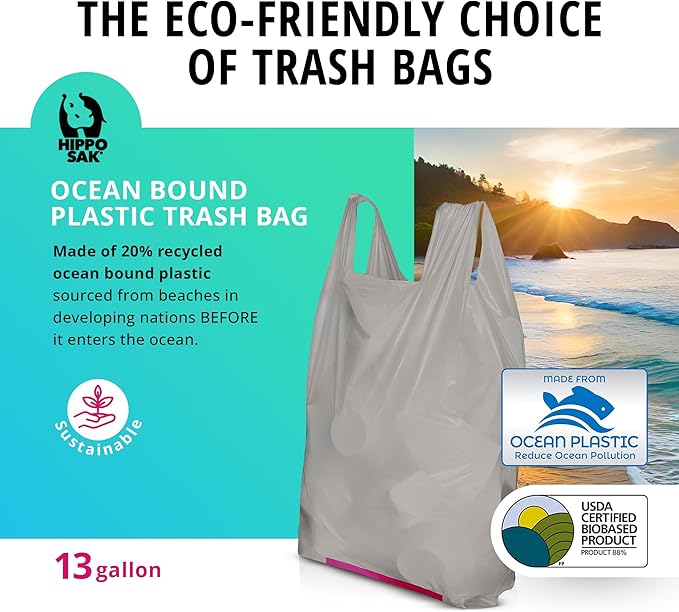 Hippo Sak - Tall Kitchen Garbage Bags - 13 Gallon Trash Bags Made from Recycled