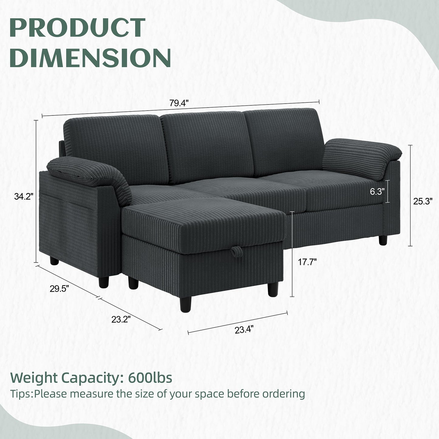Vongrasig Convertible Sectional Sofa Couch, 3 Seat L Shaped Sofa with Removable Pillows Soft Corduroy Fabric Small Couch Mid Century for Living Room, Apartment and Office (Gray)