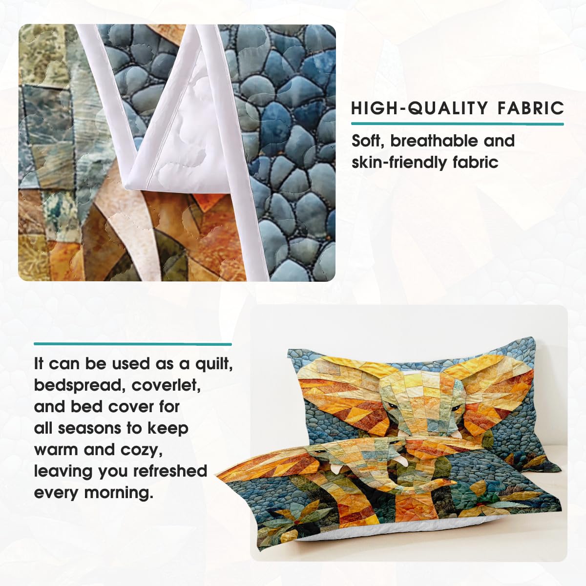 LUSHIS Patchwork Quilt Set, Patchwork Throw Bedspread Bed Sets - Animals Coverlet Sets All Season Soft Microfiber Lightweight Bedding Set (Elephant)