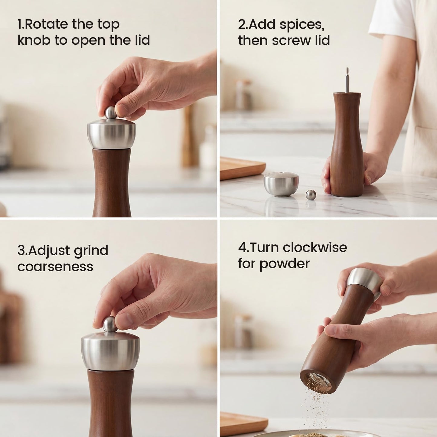 Newise Salt and Pepper Grinder Set, Manual Wooden Salt and Pepper Mills Shakers with Ceramic Core and Wooden Stand, Adjustable Coarseness, Refillable Salt Grinder for Home Kitchen