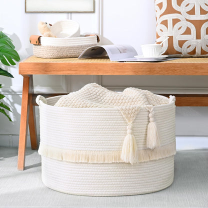 Degeyoyo 67L Large Blanket Basket, 20"x13" Woven Storage Baskets With Handle, Cotton Rope Blanket Basket Living Room, Baby Laundry hamper for Blanket, Nursery, Toy, Pillow (White)