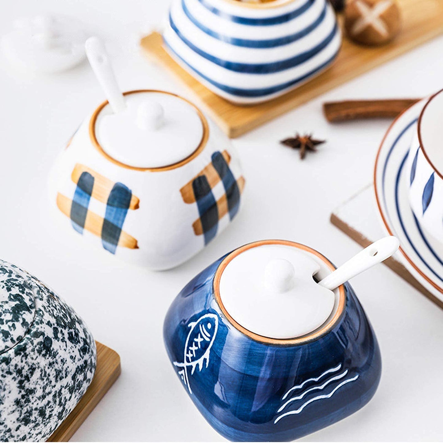 DGVR Porcelain Condiment Jar Spice Container with set of 3 Ceramic Condiment Pot Seasoning Box with Ceramic Serving Spoon and Lid - Bamboo Tray Porcelain Sugar Bowl for Home Kitchen 300ml (10.6oz)