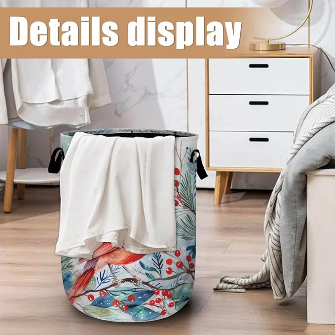 Watercolor Red Bird Laundry Basket, Foldable Winter Cardinal Laundry Hamper