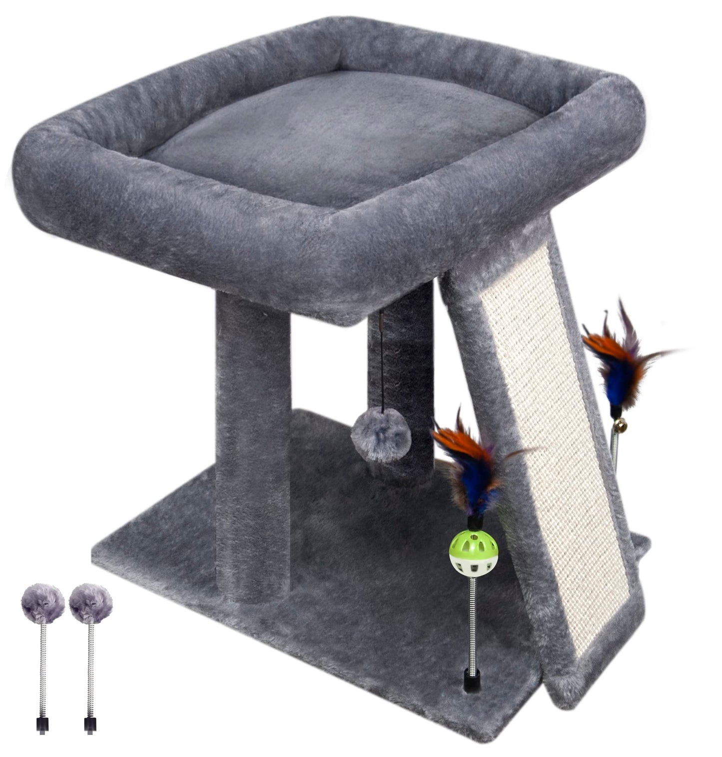 TWDEPART Small Cat Tree for Indoor Cats, Activity Centre Climbing Tree with Scratching Board and Playful Toy Balls, Grey