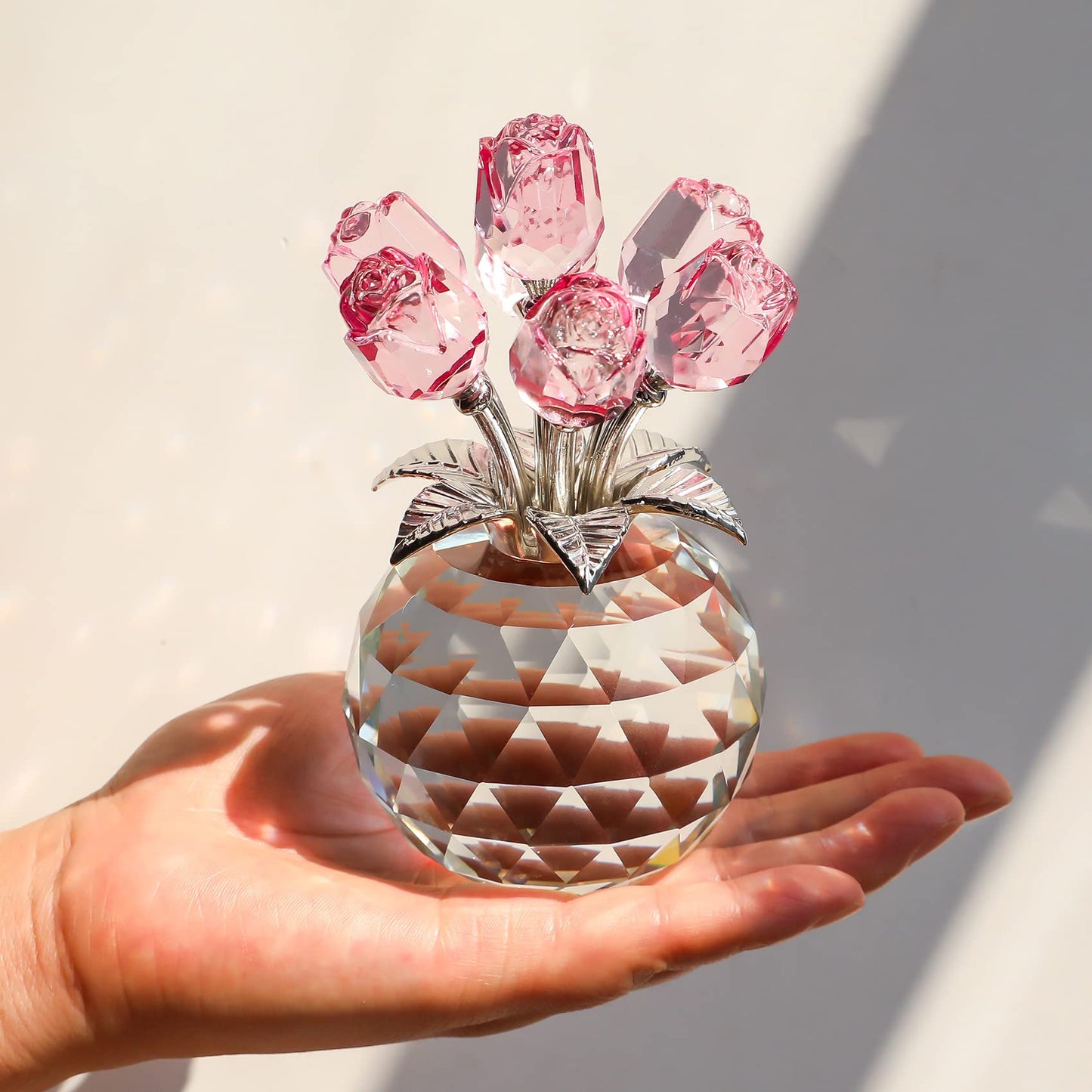 Movdyka Pink Rose Flower Crystal Figurine with Vase, Bouquet Flowers Ornament Gifts for Wife Girlfriend Women, Handmade Crystal Flower Collectible Home Table Decor for Wedding Anniversary