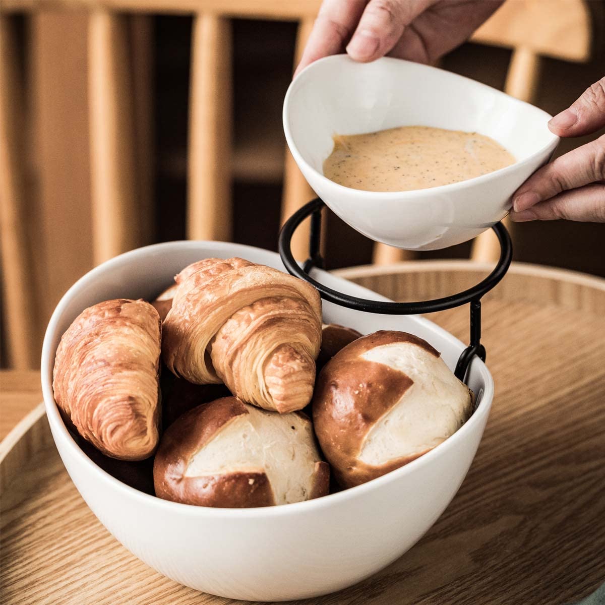 YHOSSEUN Chip and Dip Serving Set, Tiered Serving Bowl Set 2 Tier Serving Stand Ceramic Appetizer Serving Food Display Stand for Watch Parties, Serving Dishes for Entertaining Food Service