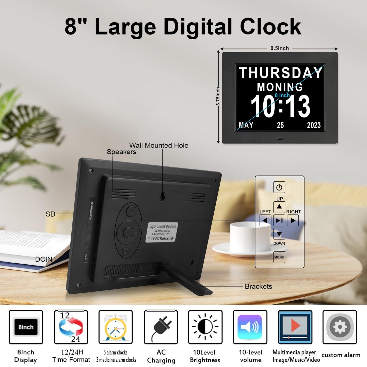 Johnziny 8 Inch Digital Calendar Day Clocks for Seniors-8 Alarms, Auto-Dim, Digital Clock Large Display Date and Day,Dementia Clocks for Seniors,Electronic Calendar with Large Number Black