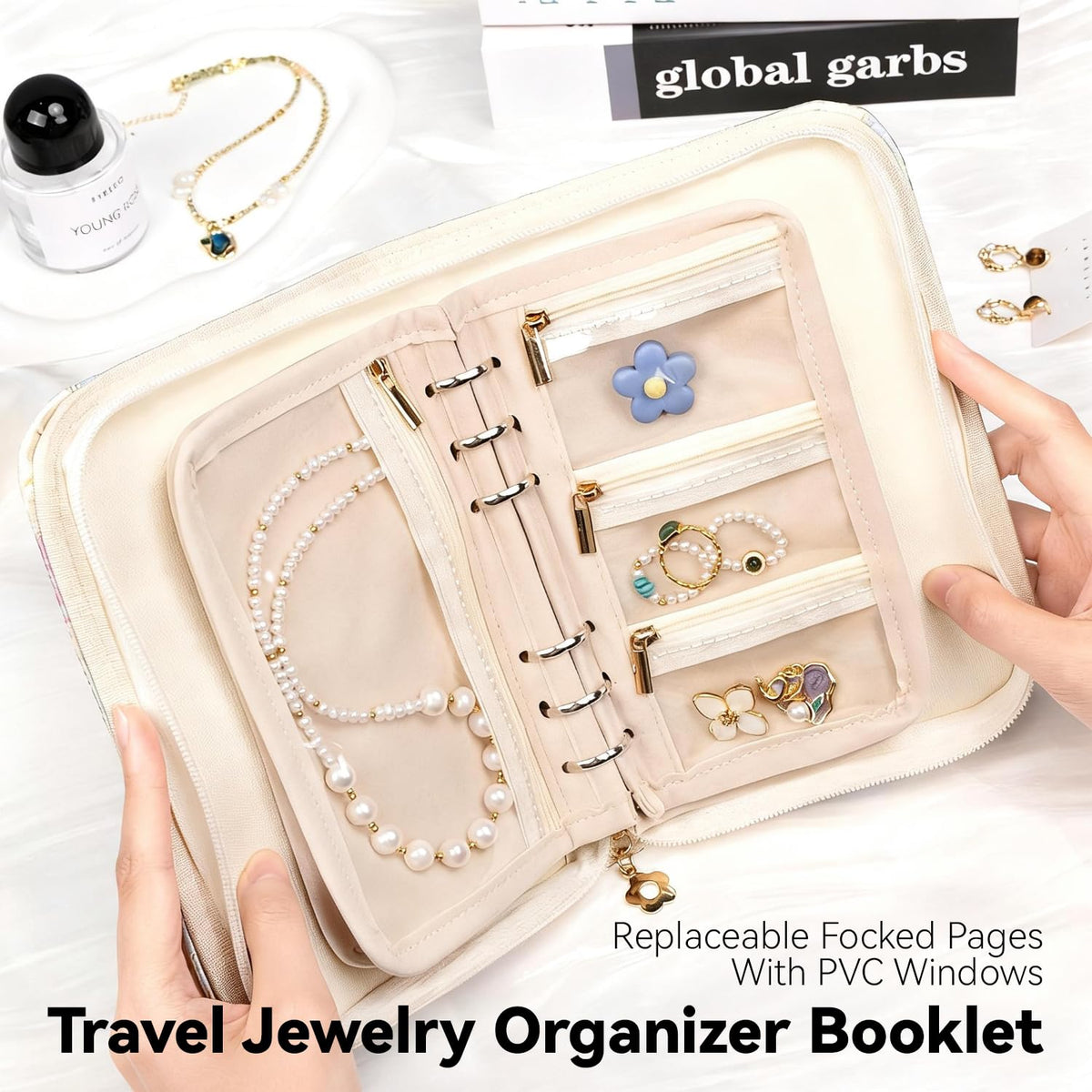 Travel Jewelry Organizer Booklet with 5 PCS Pages & 12 Zippered Pocket, Portable Jewelry Storage Pouch with PVC Windows – Mini Jewelry Travel Case for Necklaces, Rings & Earrings (Pink Floral)