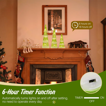 Lewondr LED Glass Christmas Tree Tabletop with Snow Cover Warm Yellow Light, 3 PCS 6H Timer Battery Operated Christmas Table Lamps Ornaments for Xmas Table Decorations Holiday Season Decor, Green