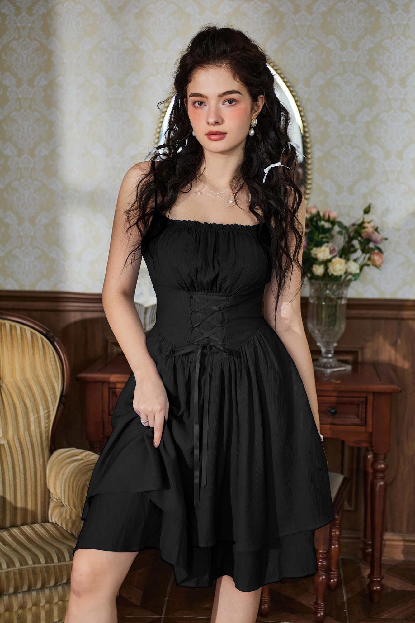 Renaissance Dress Corset Sundress for Women Lace Up Summer Cami Dress Black M