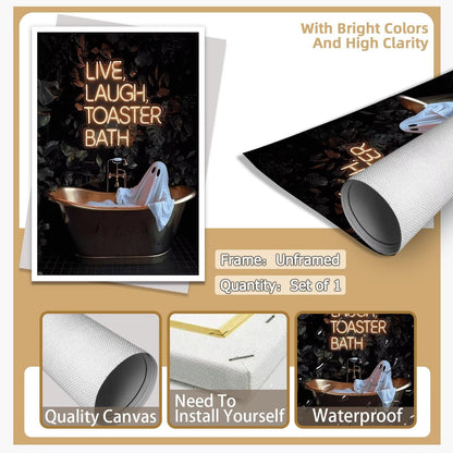 Live Laugh Toaster Bath Neon Poster Spooky Cute Ghost In Bathtub Wall Art Funny Halloween Gothic Dark Academia Canvas Print Vintage Quirky Painting Home Artwork Aesthetic 12x16inch Unframed