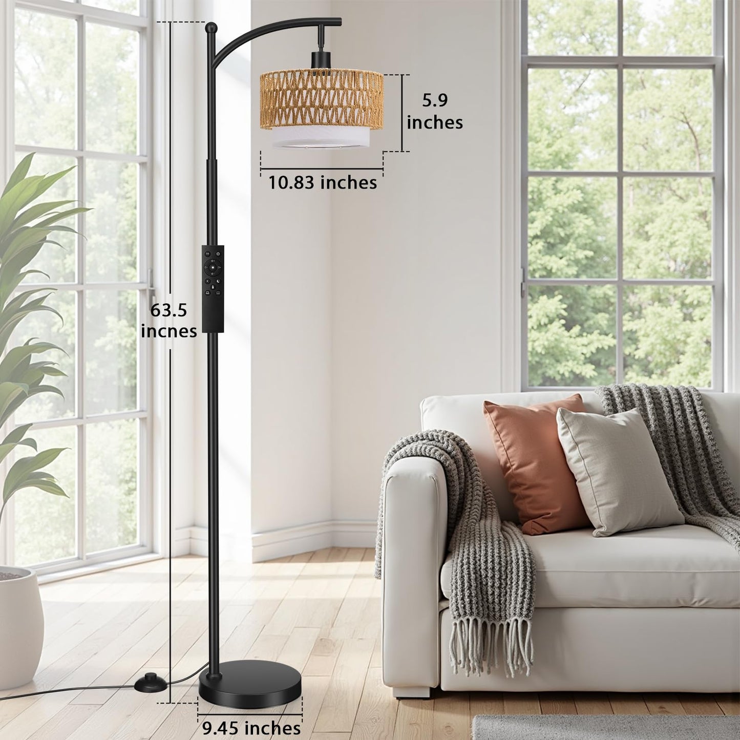 Ambimall Arc Floor Lamp for Living Room with Remote, Color Temperature & Brightness Adjustable, Boho Standing Lamp with Rattan & Fabric Double Drum Shades, Bulb Included(Black)