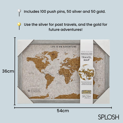 Splosh Framed Travel Map - Grey Small Wooden Pin Board with 100 Pins. Travel Map Cork Board. Wooden World Map, Corkboard Map Travel Gift. Mark your fast & future adventures!