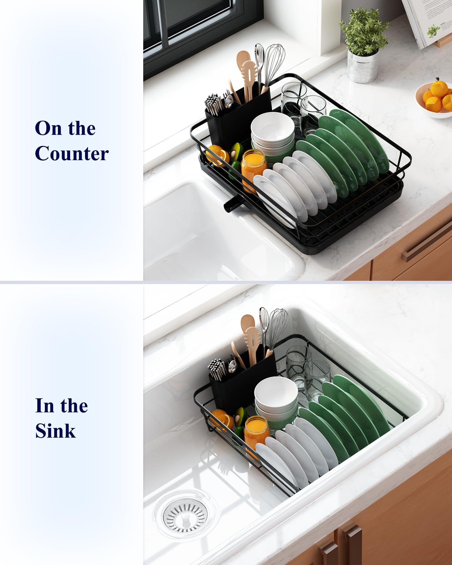 Kitsure Dish Drainer Rack- Space-Saving Dish Drainer, Dish Racks for Kitchen Counter, Stainless Steel Kitchen Drying Rack with a Cutlery Holder, Large, Black