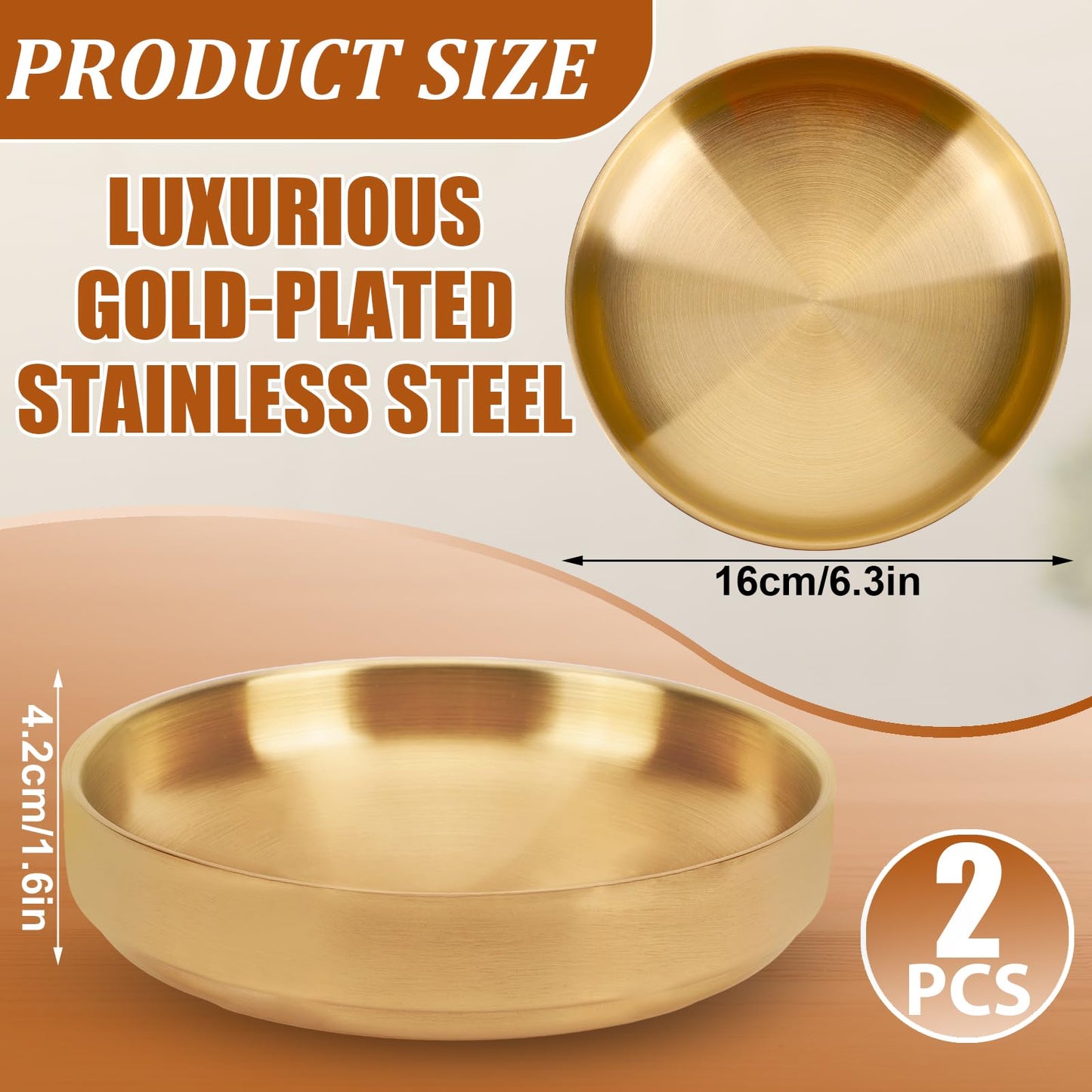 Key Bowl for Entryway-2 Pack Gold Table Decorative Key Dish for Organizing Tabletop Catch All Bowl Gold Fruit Bowls for Kitchen Counter, Coffee Table-Thick SUS 304 Stainless Steel 6.3"