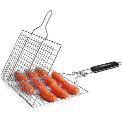 penobon Fish Grilling Basket, Folding Portable Stainless Steel BBQ Grill Basket for Fish Vegetables Shrimp with Removable Handle, Come with Basting Brush and Storage Bag