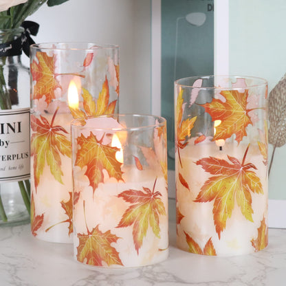 GenSwin Glass Maple Leaf Flameless Candles with Remote Timers, Battery Operated LED Flickering Candles, Real Wax Pillar Candles Christmas Wedding Decoration